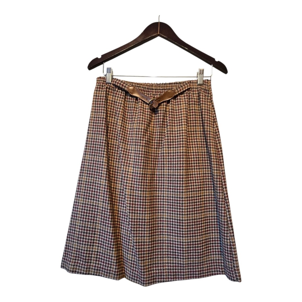 Vintage 80s Long Wool‎ Maxi Skirt Women's SM Brown Plaid Belt Preppy Academia